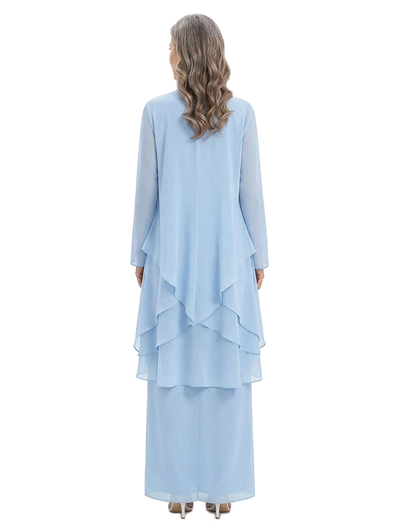 ChicSew Jewel Long Sleeve Chiffon Tea Length Mother Of The Bride Dresses and Jacket