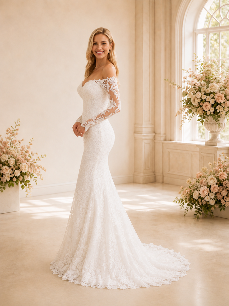 ChicSew Delicate Sweetheart Mermaid Lace Tulle Long Sleeves Maxi Wedding Dresses
