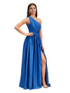 Elegant One Shoulder A-Line Side Slit Soft Satin Pretty Long Bridesmaid Dresses