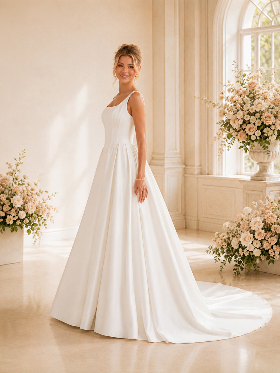 ChicSew Elegant Spaghetti Straps Square Satin A-Line Long Wedding Dresses With Boning