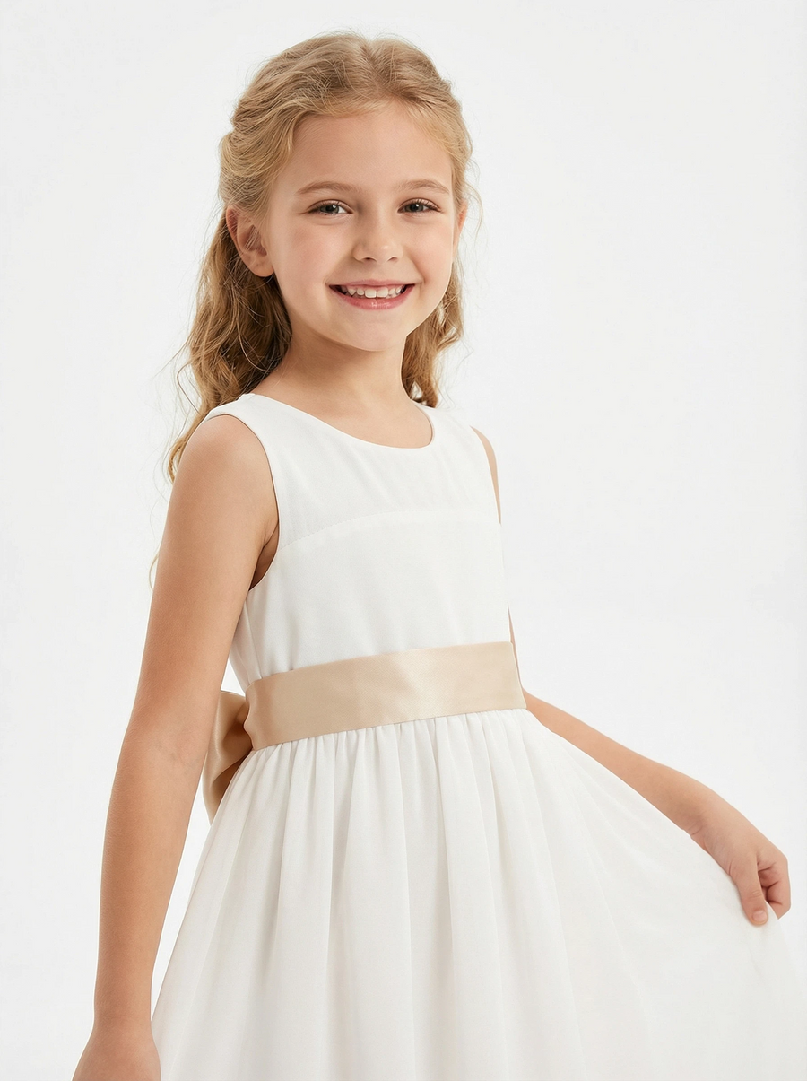 Sleeveless A Line Flower Girl Dress with Satin Waistband Soft Tulle Knee Length Skirt
