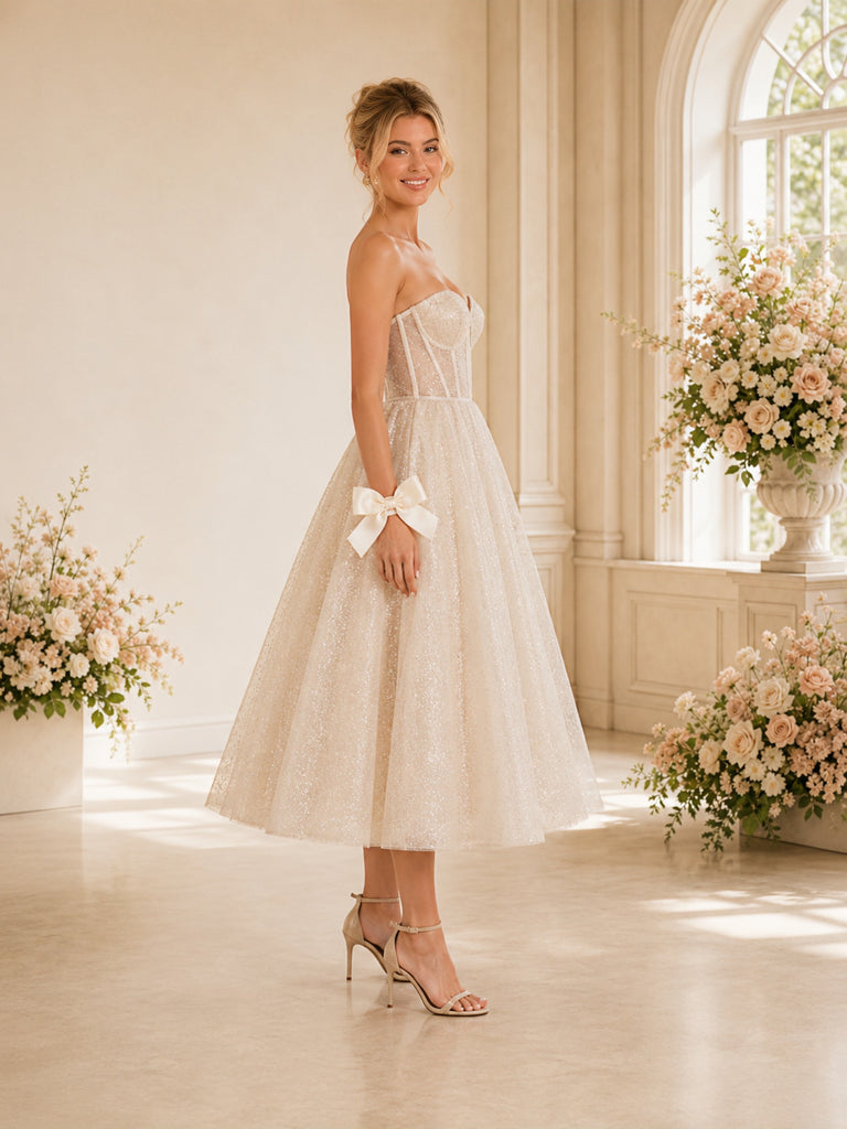 ChicSew Elegant A-line Sweetheart Boning Glitter Tulle Tea-Length Wedding Dresses