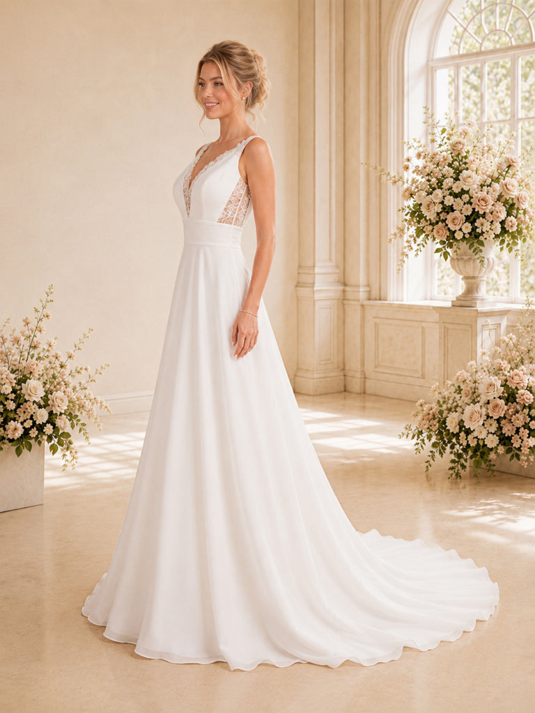 ChicSew Elegant V-Neck Spaghetti Straps Sleeveless Lace Chiffon A-Line Long Wedding Dress
