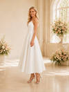 ChicSew Simple V-Neck A-Line Spaghetti Straps Sleeveless Satin Tea-Length Wedding Dresses
