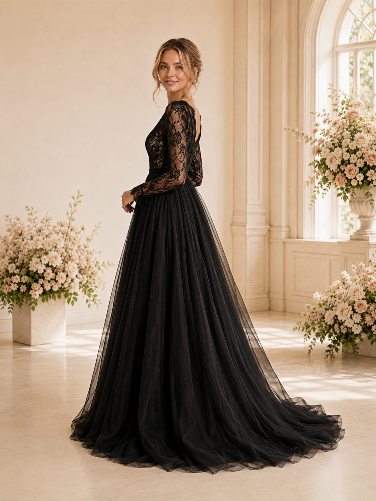ChicSew Unique Deep V-Neck A-line Long Sleeves Lace Tulle Wedding Dresses Online