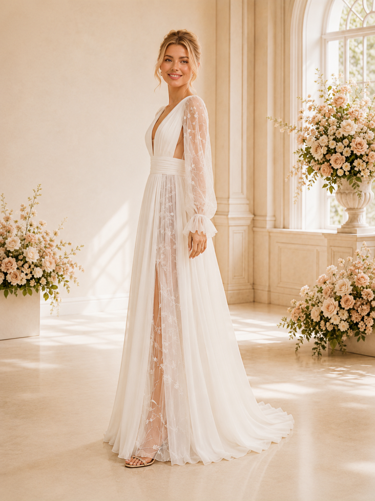 ChicSew Sexy A-Line Chiffon Long Sleeves Deep V-Neck Wedding dresses Online
