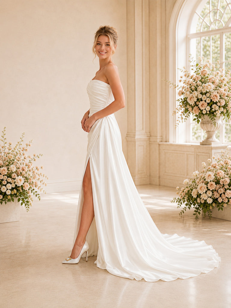 ChicSew Elegant Strapless Side Slit Ruching Satin A-Line Long Wedding Dresses