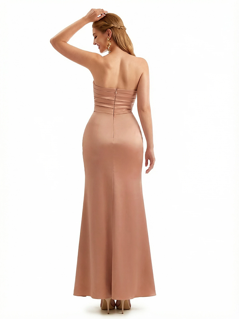 Sexy Sweetheart Ruched Mermaid Silky Satin Maxi Formal Dresses Side Slit
