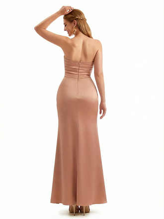 Sexy Sweetheart Ruched Mermaid Silky Satin Maxi Formal Dresses Side Slit