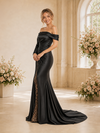 ChicSew Black Off Shoulder Ruching Stain Beading Long Mermaid Wedding Dresses