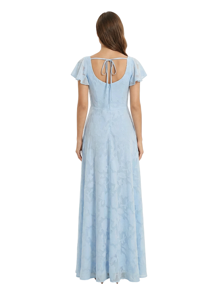Elegant Flutter Sleeves Square Ruching Floral Burnout Chiffon A-line Formal Evening Dresses