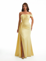 Modern One Shoulder Ruched Mermaid Silky Satin Maxi Formal Dresses Side Slit