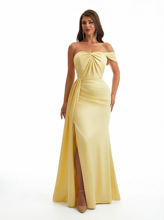 Modern One Shoulder Ruched Mermaid Silky Satin Maxi Formal Dresses Side Slit