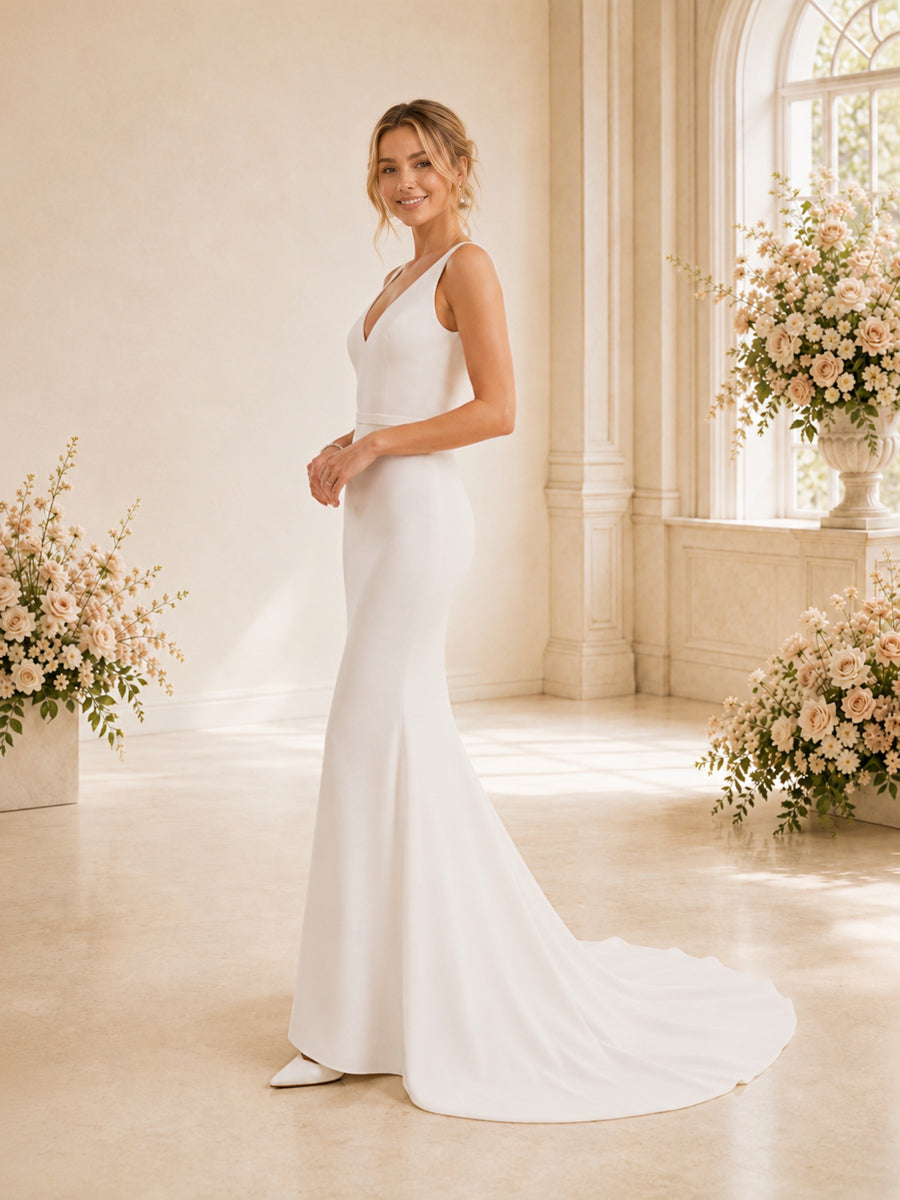 ChicSew Spaghetti Straps V-Neck Crepe Mermaid Long Wedding Dresses Online