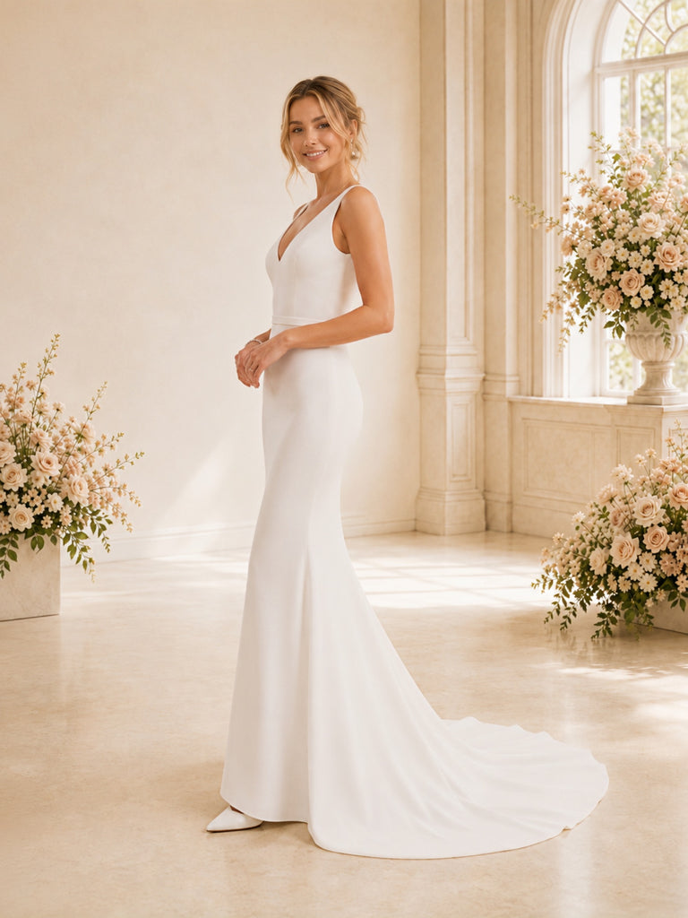 ChicSew Spaghetti Straps V-Neck Crepe Mermaid Long Wedding Dresses Online