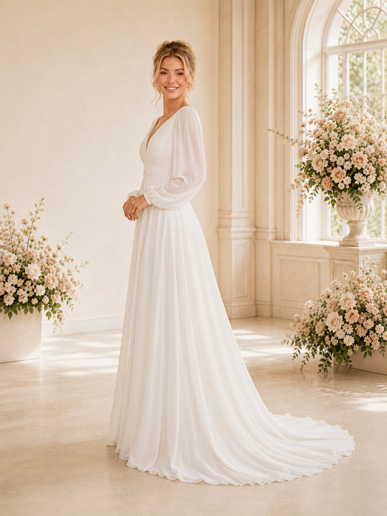ChicSew Elegant V-Neck Long Sleeve Chiffon A-Line Open Back Foor-Length Wedding Dress