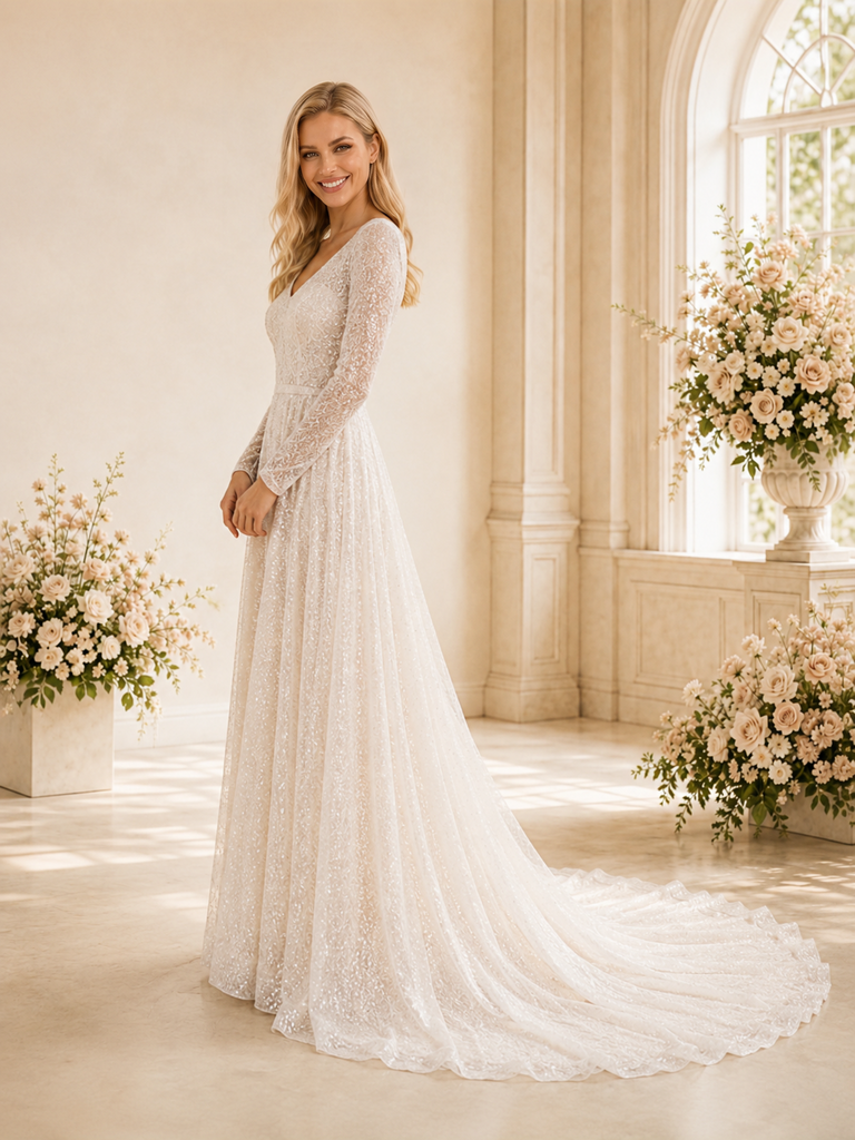 ChicSew Romantic A-Line V-Neck Long Sleeves Beaded Tulle Floor-Length Wedding Dresses With Train