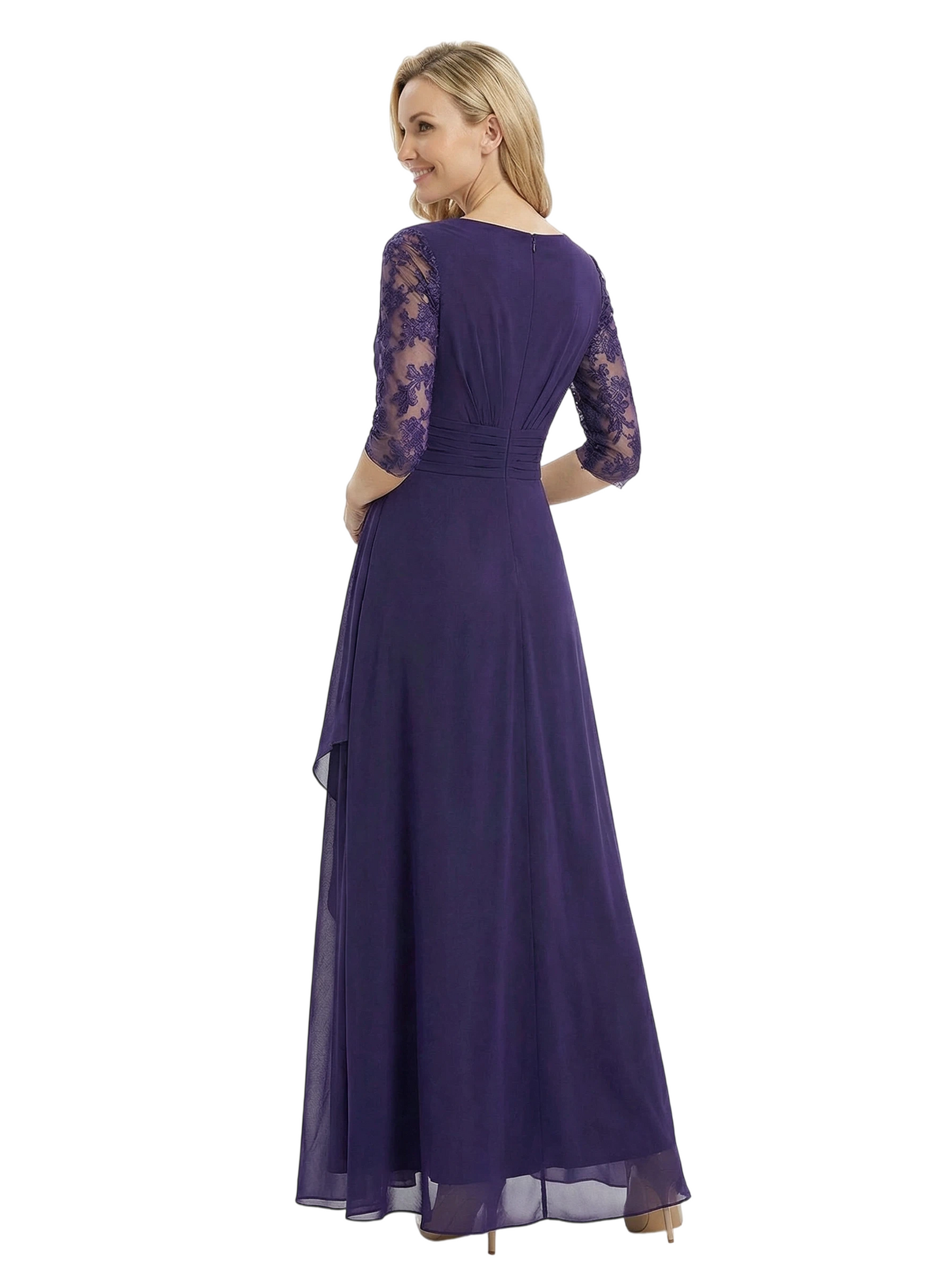 Elegant A-Line V-Neck Lace Long Sleeves Mother Of The Bride Dress Chiffon Gown