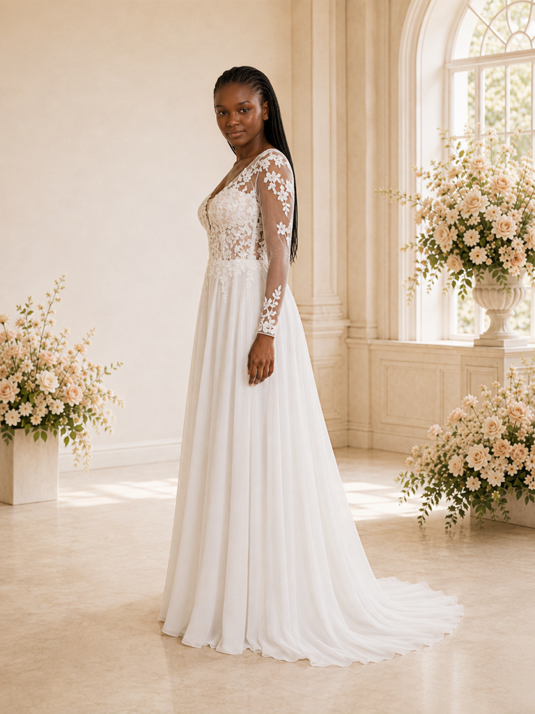 ChicSew Elegant V-Neck Chiffon A-Line Long Sleeves Lace Applique Maxi Wedding Dress