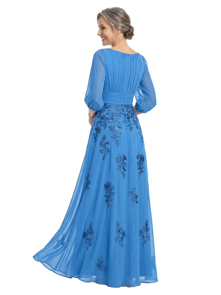 ChicSew Scoop 3/4 Sleeve Ruched Waist Beaded Lace Applique Floor Length Chiffon Fancy Mom Of The Groom Dresses