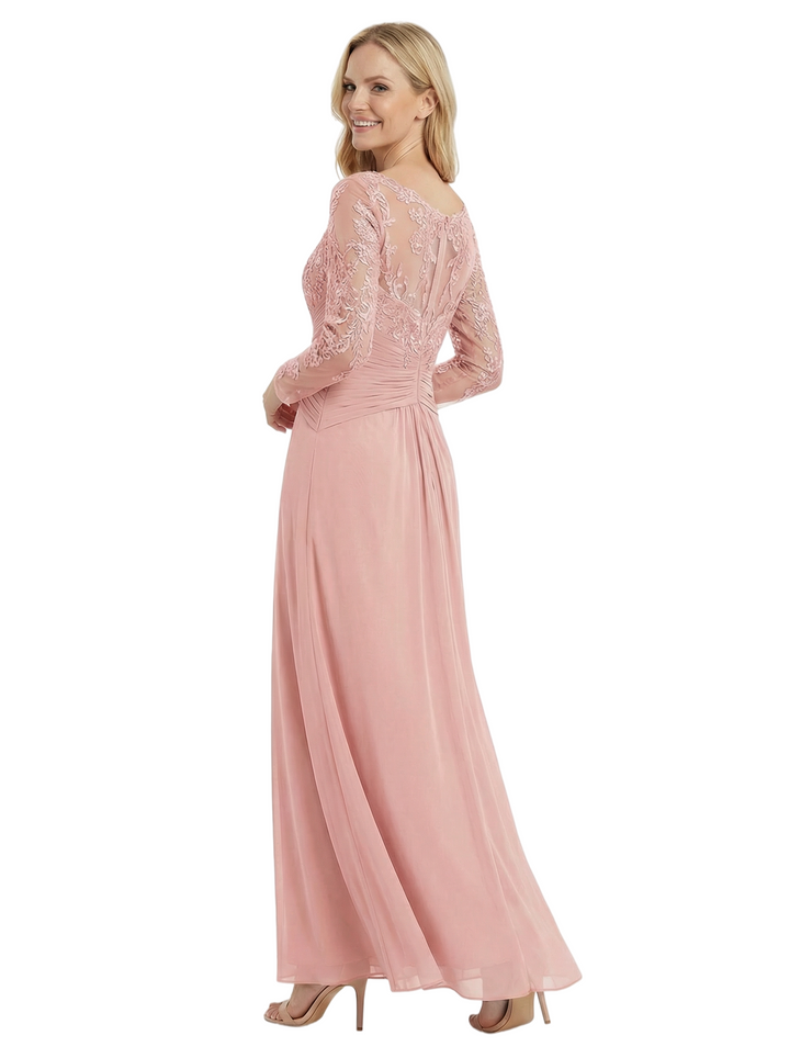 Elegant Mother Of The Bride Dresses V-Neck Long Sleeves Lace Appliques A-Line Ruched Formal Wedding Event Dress