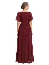 ChicSew V-Neck Short Flutter Sleeve Ruched Bodice Lace Hem Floor Length Chiffon Modern Mother of the Bride Dresses