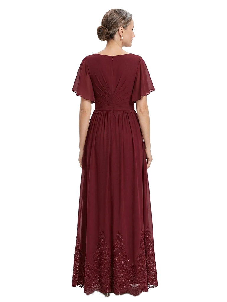 ChicSew V-Neck Short Flutter Sleeve Ruched Bodice Lace Hem Floor Length Chiffon Modern Mother of the Bride Dresses
