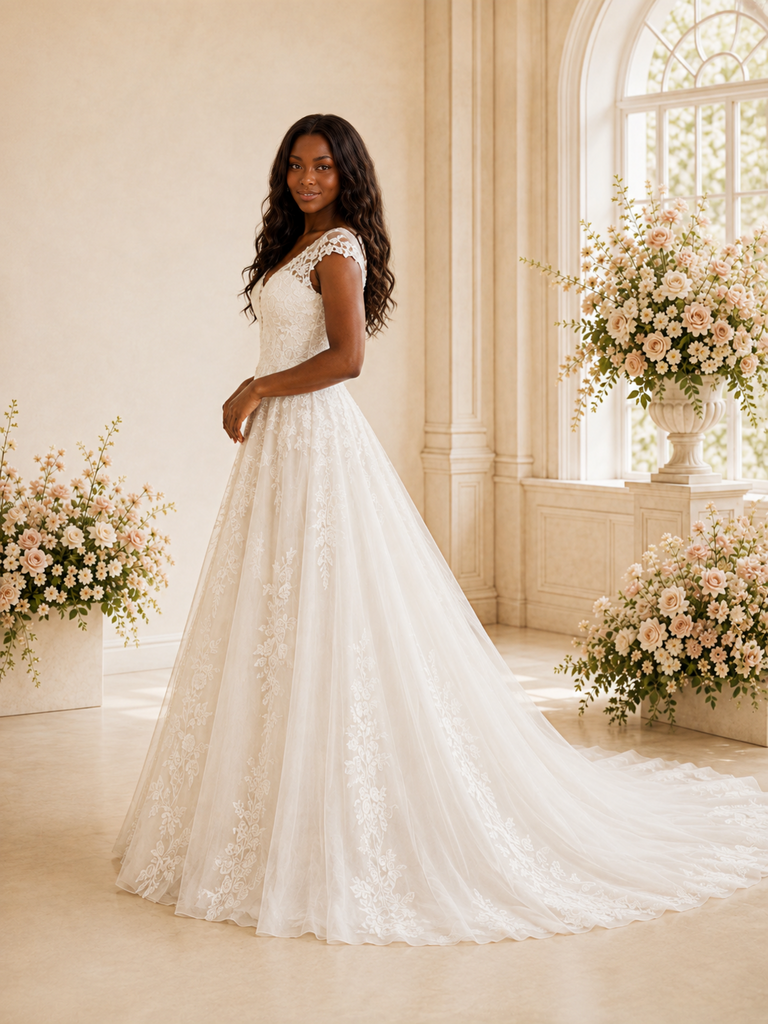 ChicSew Romantic A-Line V-Neck Cap Sleeves Tulle Long Wedding Dress With Lace Appliques