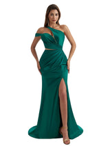 Sexy Mermaid One Shoulder Silky Satin Side Slit Long Bridesmaid Dresses Online