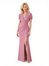 Elegant Soft Satin Short Sleeves Side Slit Mermaid Floor-Length Mother of the Bride Dresses