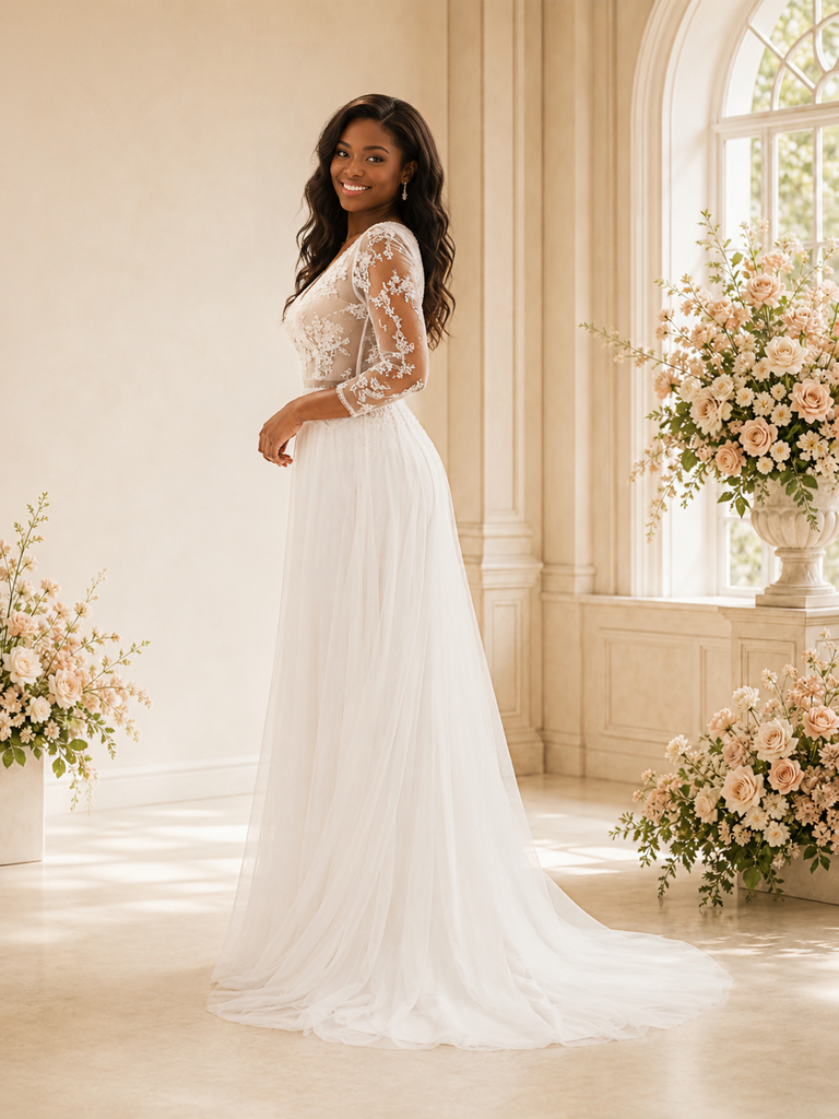 ChicSew Elegant A-Line V-Neck 3/4 Sleeves Lace Tulle Maxi Wedding Dress