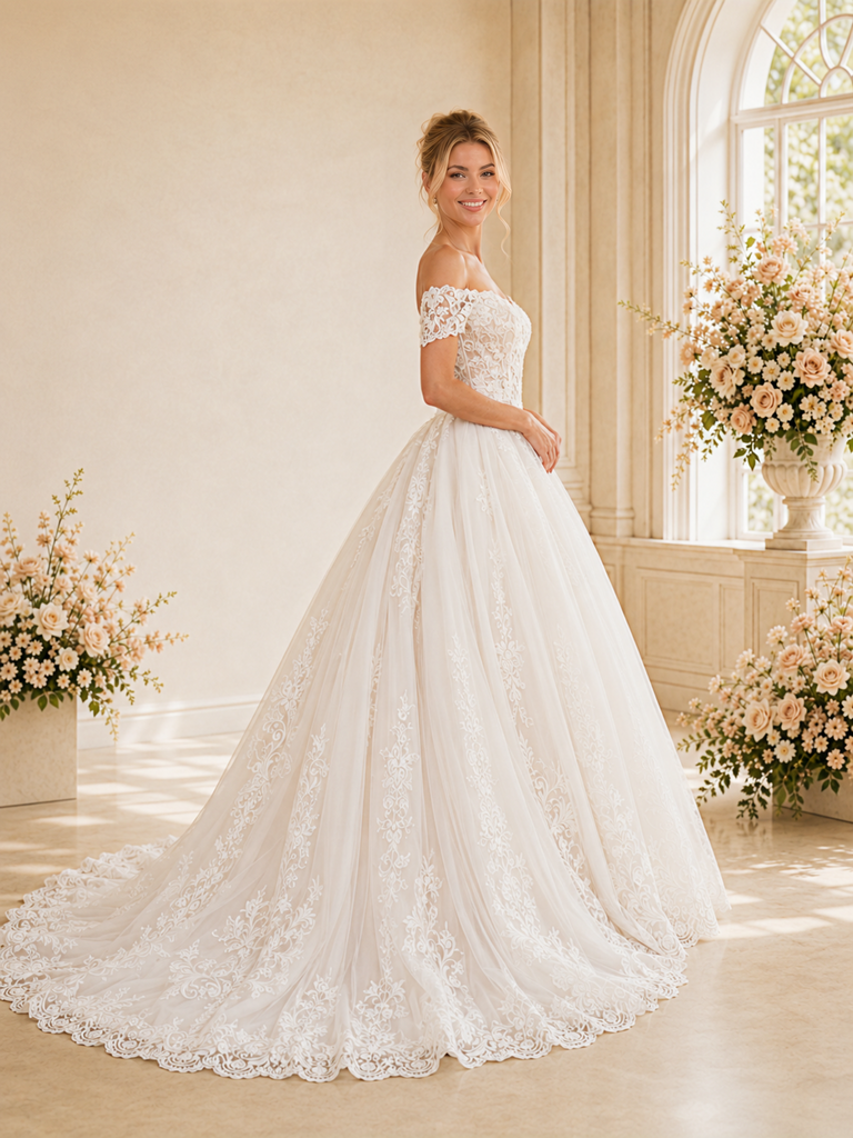 ChicSew Elegant Modern Off The Shoulder A-Line Lace Floor-Length Wedding Dresses With Train
