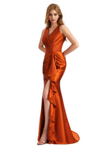 Elegant V-Neck Ruffles Satin Side Split Mermaid Long Bridesmaid Dresses Online
