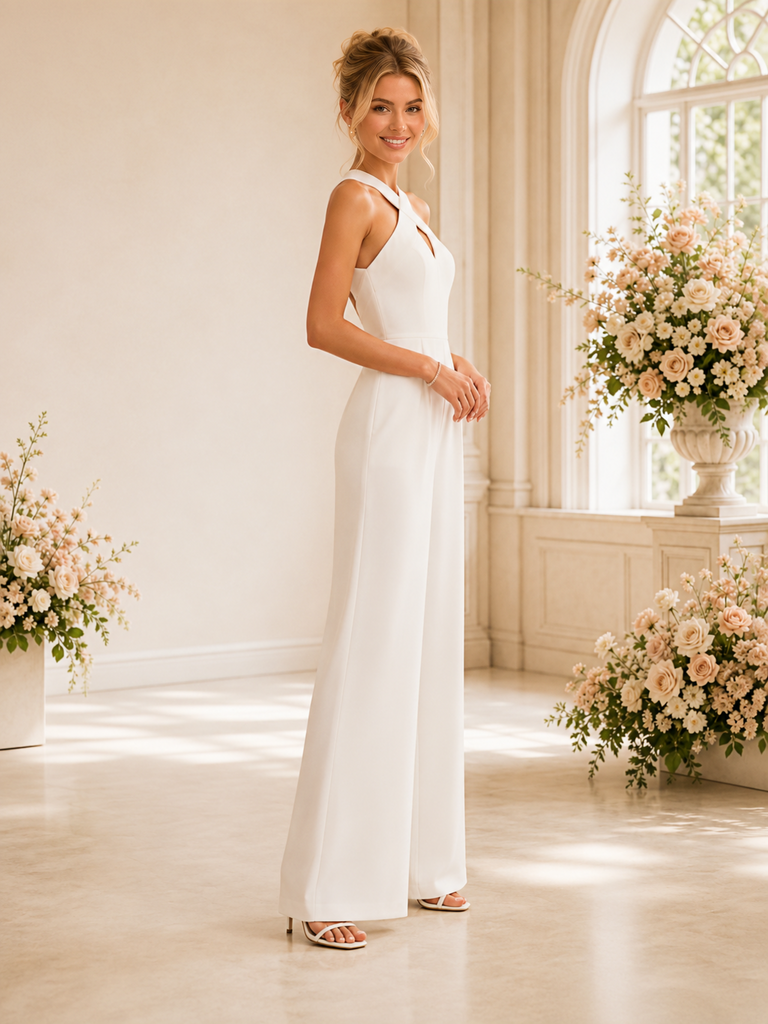 ChicSew Unique Halter Sleeveless Crepe Floor-Length Wedding Jumpsuit