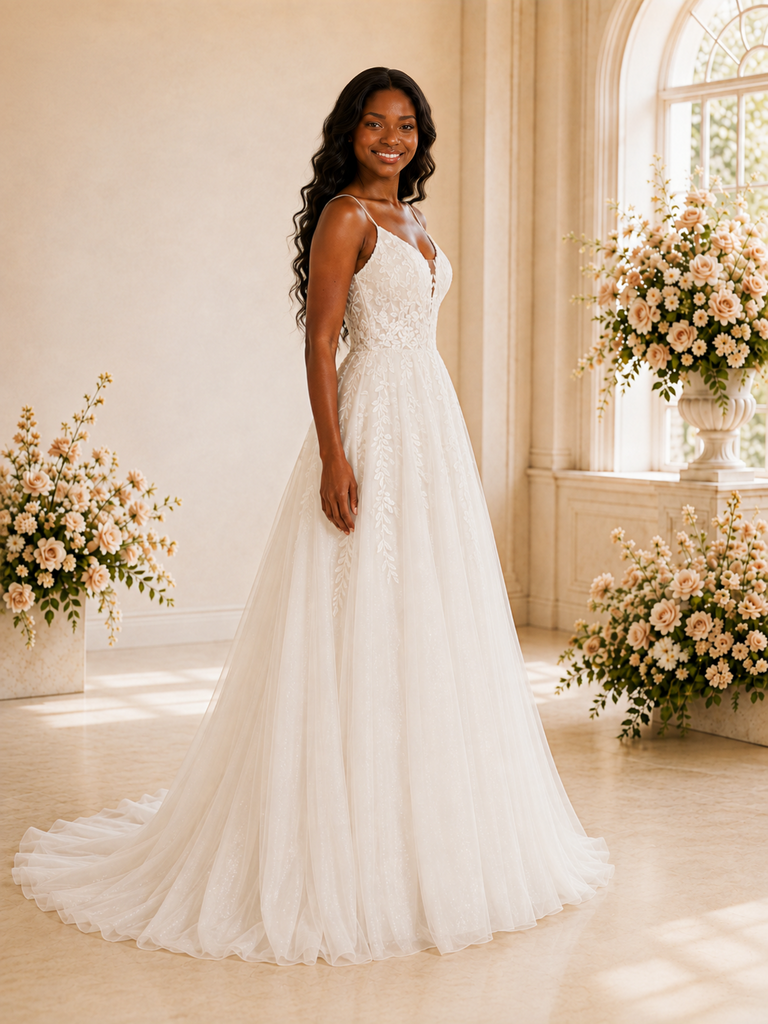 ChicSew Fancy Spaghetti Straps V-Neck Lace Appliques Glitter Tulle A-Line Maxi Wedding Dress