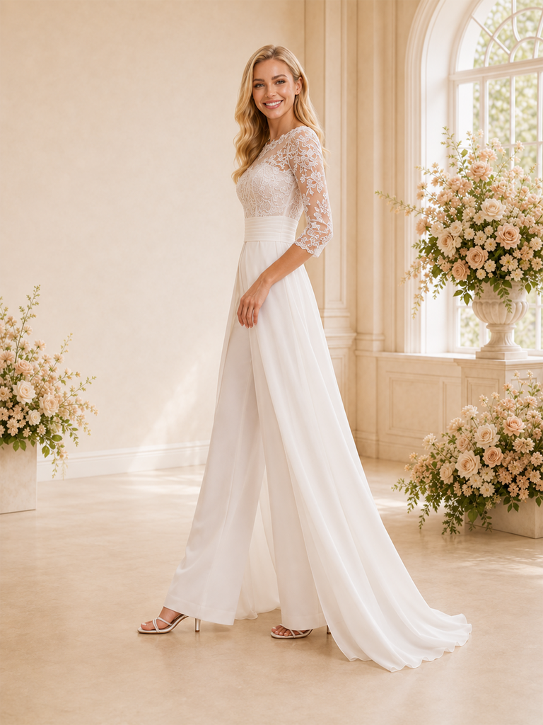 ChicSew Modern Illusion 3/4 Sleeves Chiffon Lace Applique Floor-Length Wedding Jumpsuit With Detachable Overlay