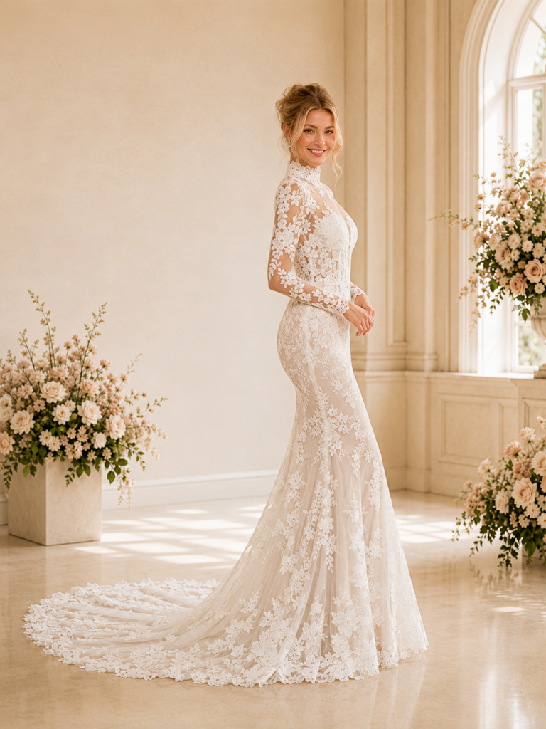 ChicSew Romantic High Neck Long Sleeves Lace Tulle Mermaid Wedding Dresses With Applique