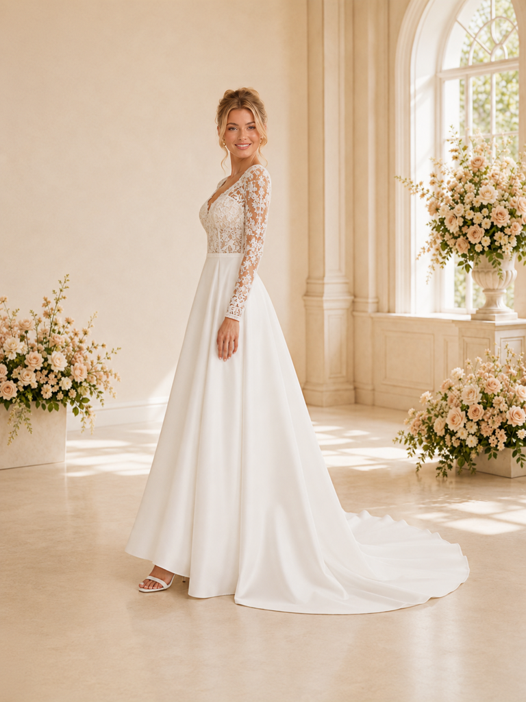 ChicSew Classy V-Neck Long Sleeves Lace Satin A-Line Long Wedding Dress