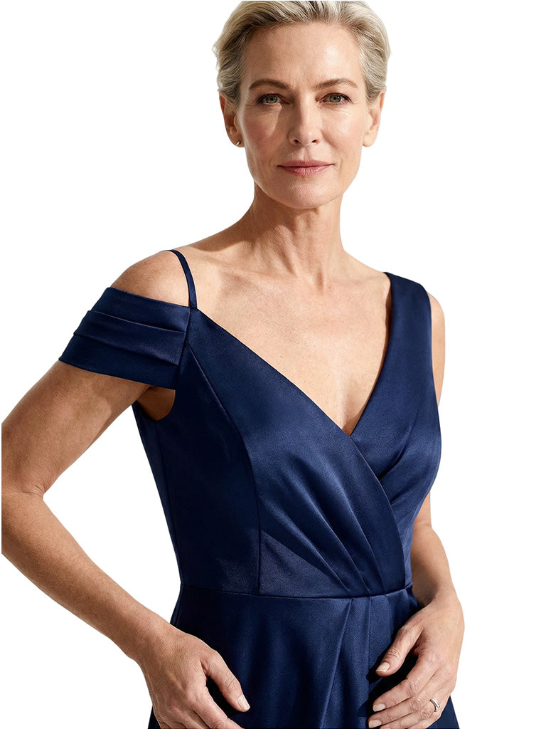 Classy V-Neck Asymmetrical Side Slit Satin Mother Of The Bride Gown