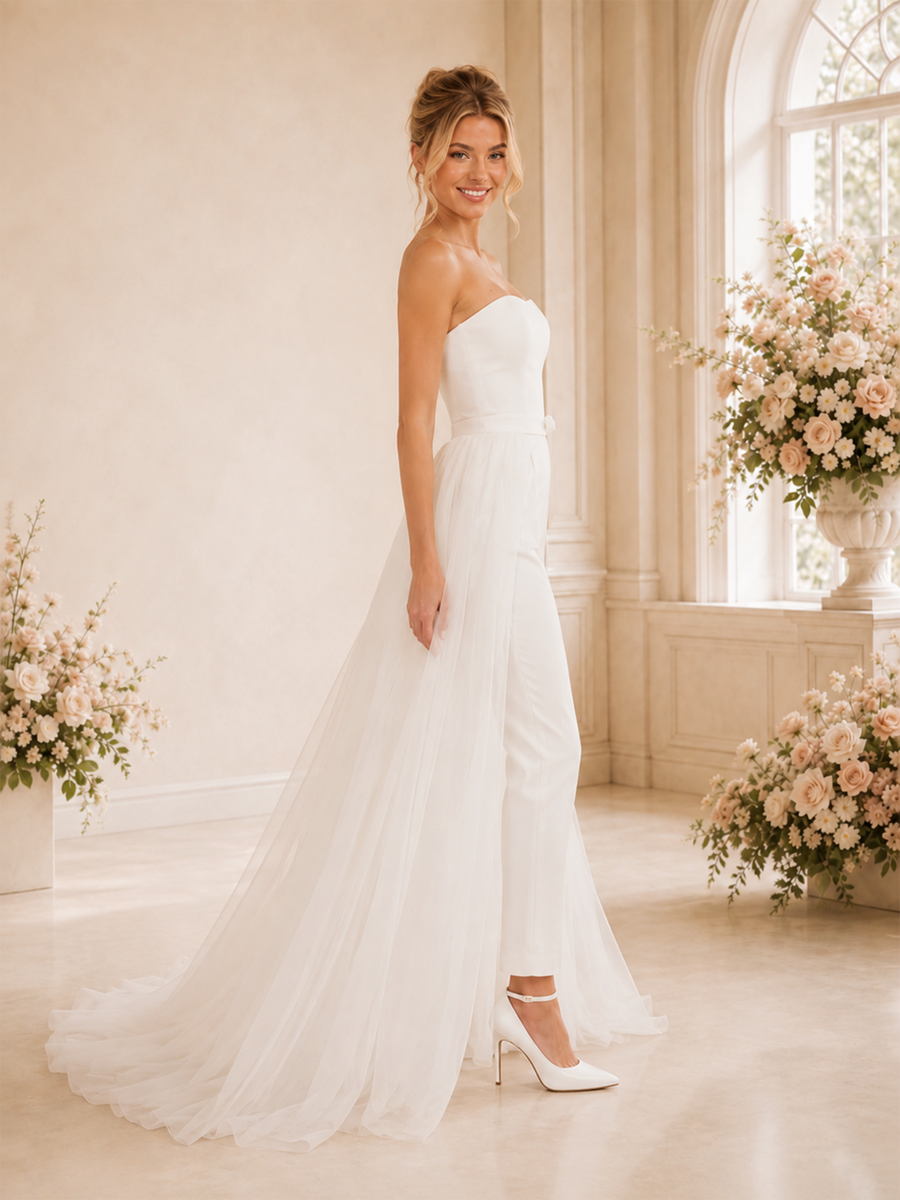 ChicSew Modern Strapless Wedding Jumpsuit With Tulle Long Overskirt