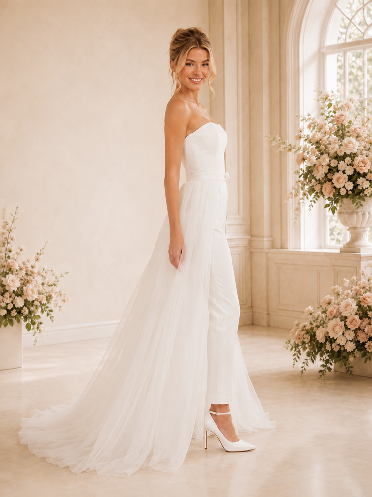 ChicSew Modern Strapless Wedding Jumpsuit With Tulle Long Overskirt