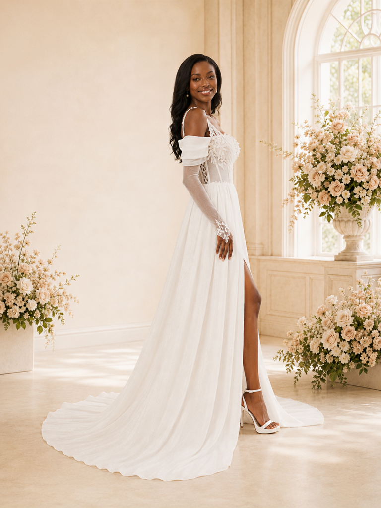 ChicSew Elegant Off The Shoulder Long Sleeves A-Line Glitter Tulle Maxi Wedding Dress
