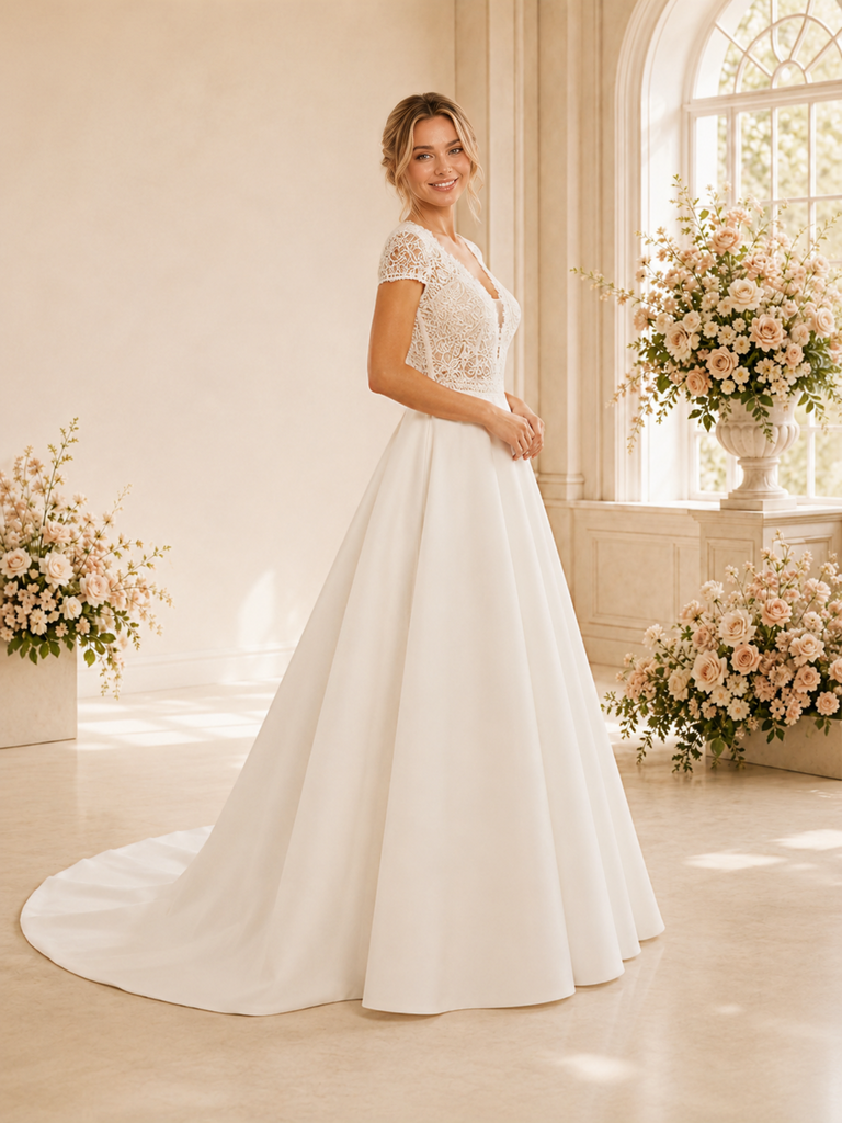 ChicSew Fancy V-Neck Crepe A-Line Lace Applique Cap Sleeves Floor-Length Wedding Dress