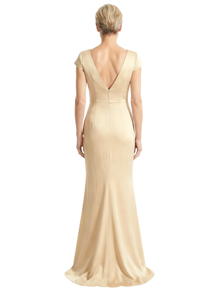 Elegant V-Neck Satin Mother of The Groom Dress Cap Sleeves Mermaid Maxi Gown