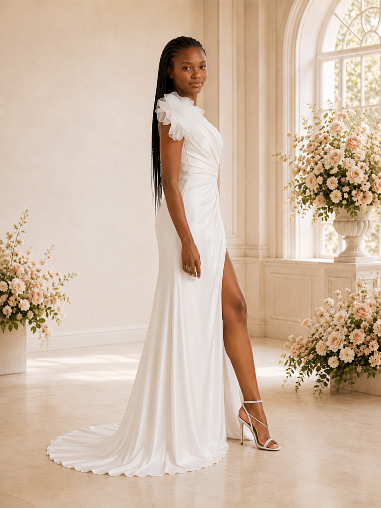 ChicSew Sexy One Shoulder Mermaid Satin Ruched Side Slit Floor-Length Wedding Dress With Floral Applique
