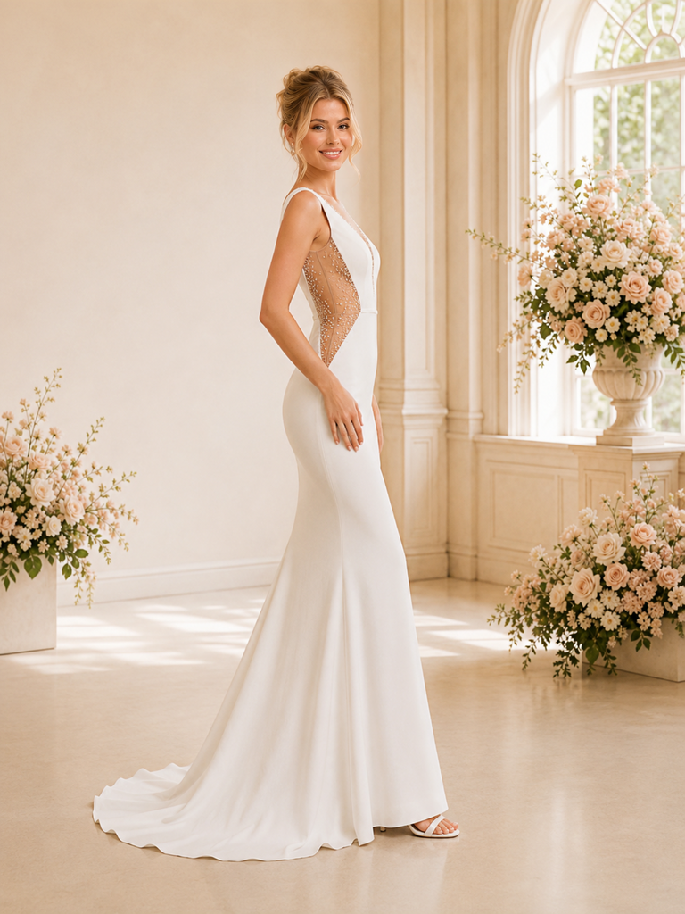 ChicSew Sexy V-Neck Sleeveless Mermaid Crepe Beading Floor-Length Wedding Dresses