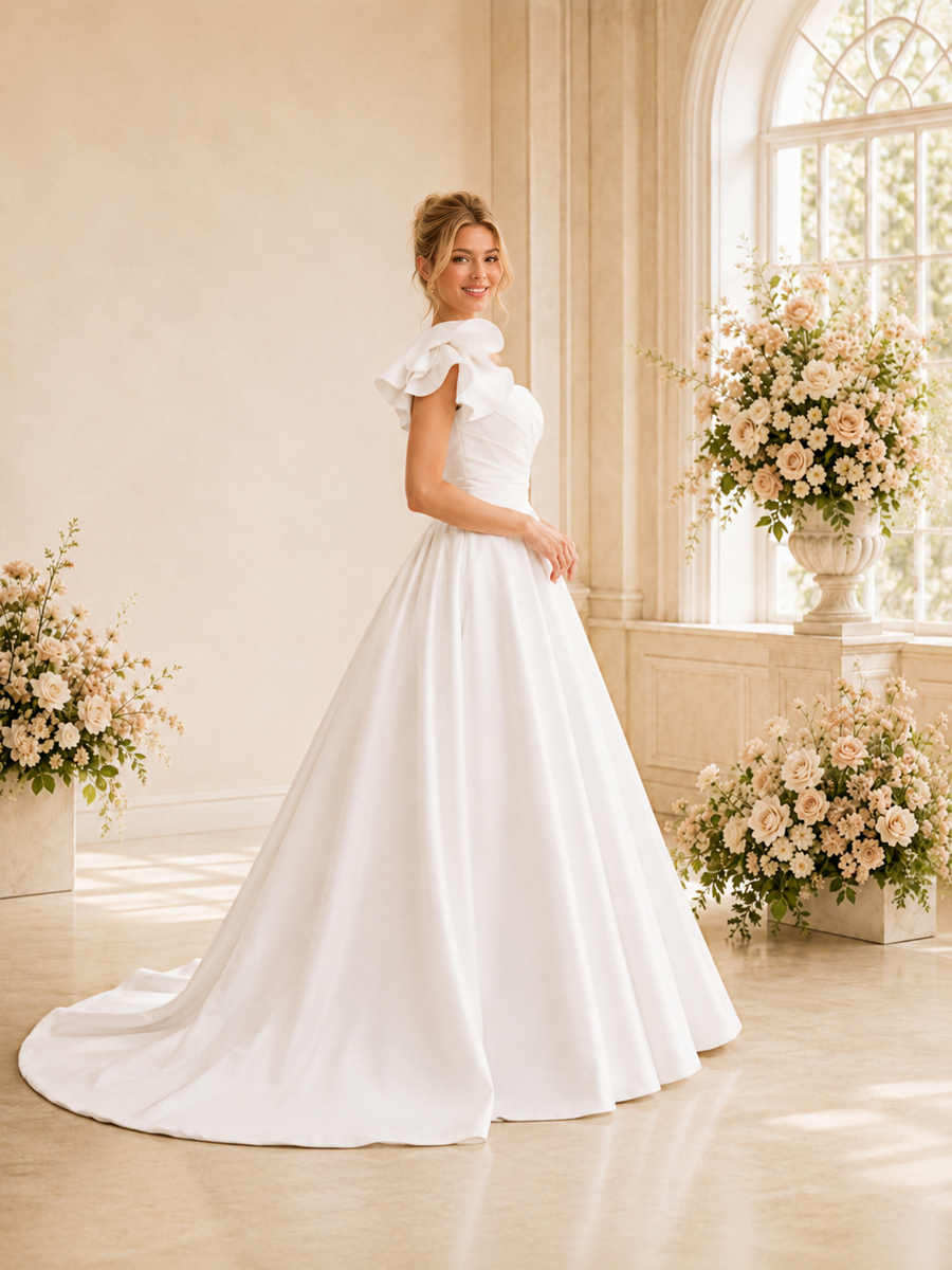 ChicSew Fancy One Shoulder Ruching Satin A-Line Maxi Long Wedding Dress