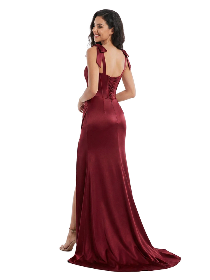 Chicsew Fancy Spaghetti Straps Soft Satin Mermaid Long Bridesmaid Dresses With Boning Side Slit