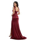 Chicsew Fancy Spaghetti Straps Soft Satin Mermaid Long Bridesmaid Dresses With Boning Side Slit
