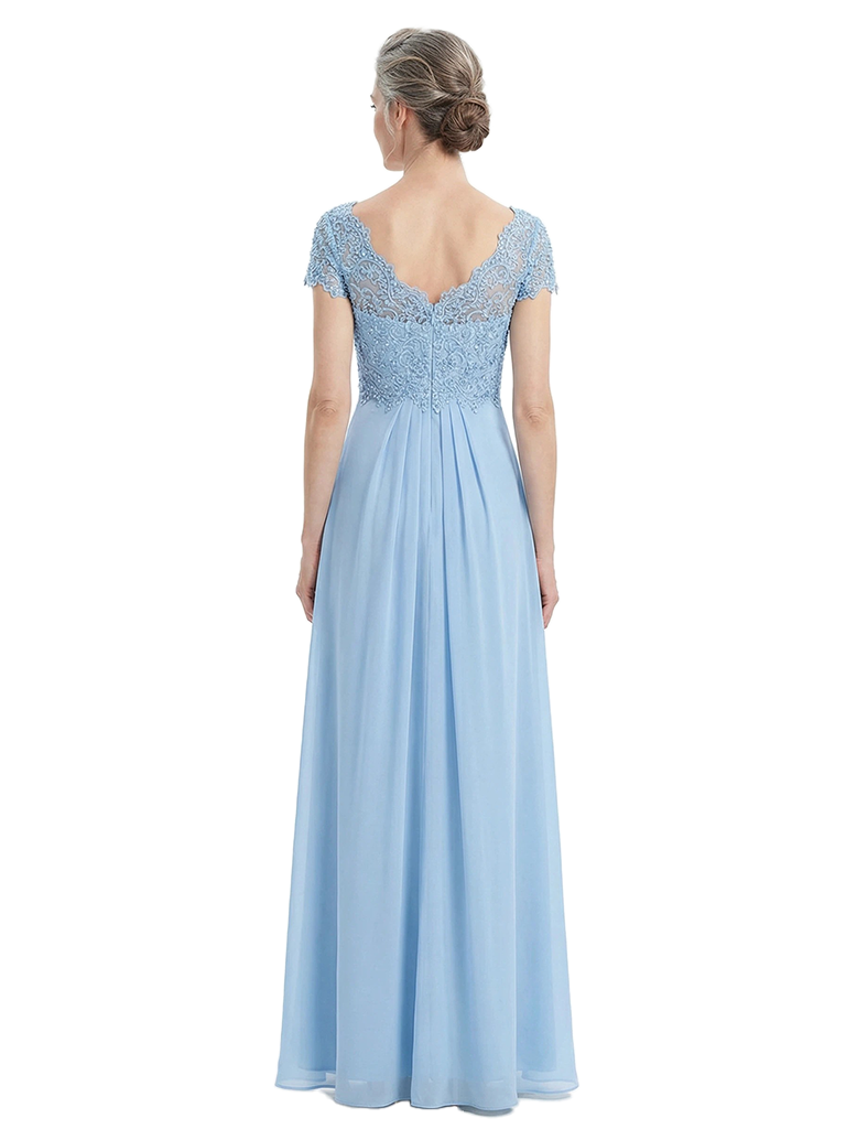 ChicSew V-Neck Short Sleeve Lace Applique Bodice A-Line Floor Length Chiffon Dress